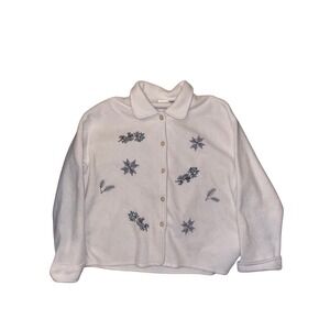 Jon Jac White Fleece Cardigan Jacket Women's XL Embroidered Snowflake Button